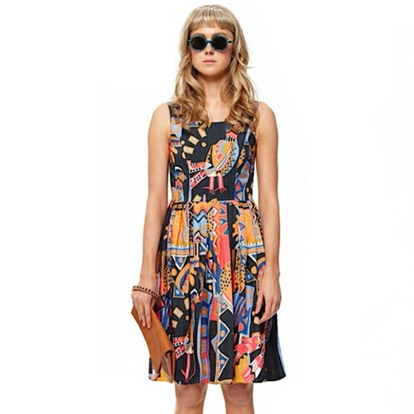 Gorman Vintage VTG Novelty Silk Fiesta Bird Fish Boho Geometric Tank Midi Dress - Picture 1 of 9
